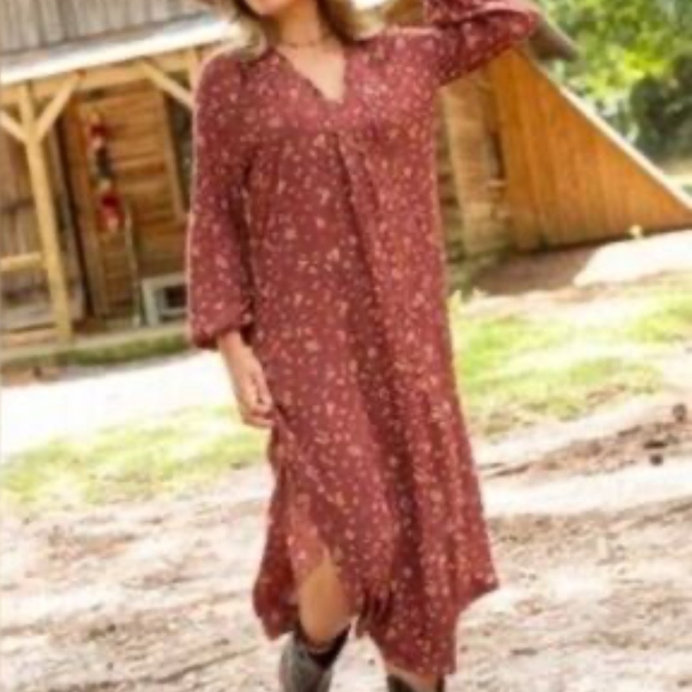 NATURAL LIFE Terracotta Floral Long Sleeve Maxi Dress Size Small